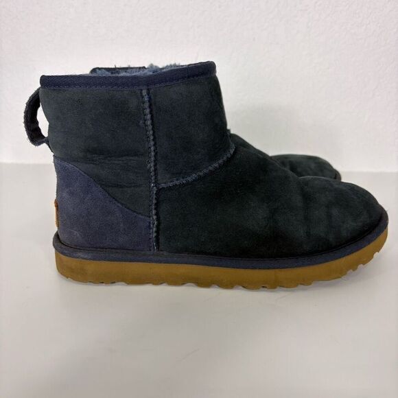 UGG Navy Blue Classic Mini Fur Lined Winter Boots with Tan Bottoms Size 8 - Picture 4 of 10
